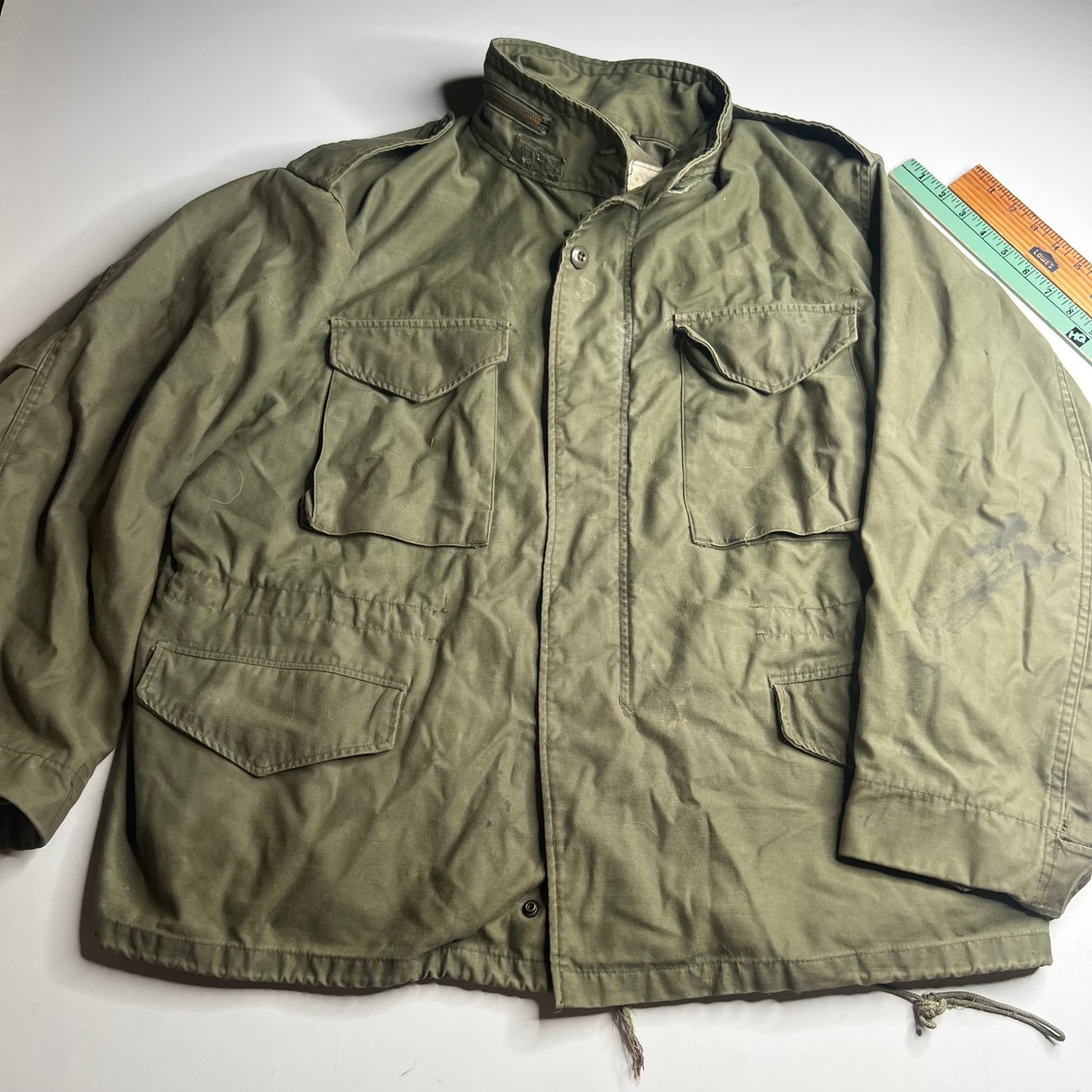 Vintage 80s Us Military M-65 Field Jacket Og-107 Olive Drab Scovill Zip Large S